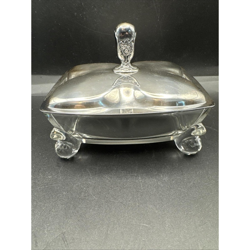 International Silver Square Lidded Crystal Candy trinket Dish Ball Feet